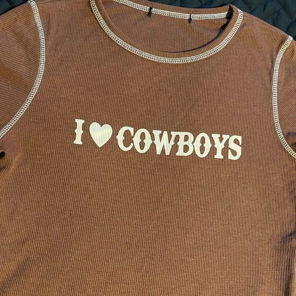 SHEIN Brown Crop Top with 'I Love Cowboys' Design
